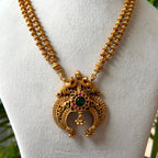 Traditional Double-Row Beaded Hara | Antique Nakshi Peacock Arch Pendant Set with Ruby Emerald Jhumkas AN297
