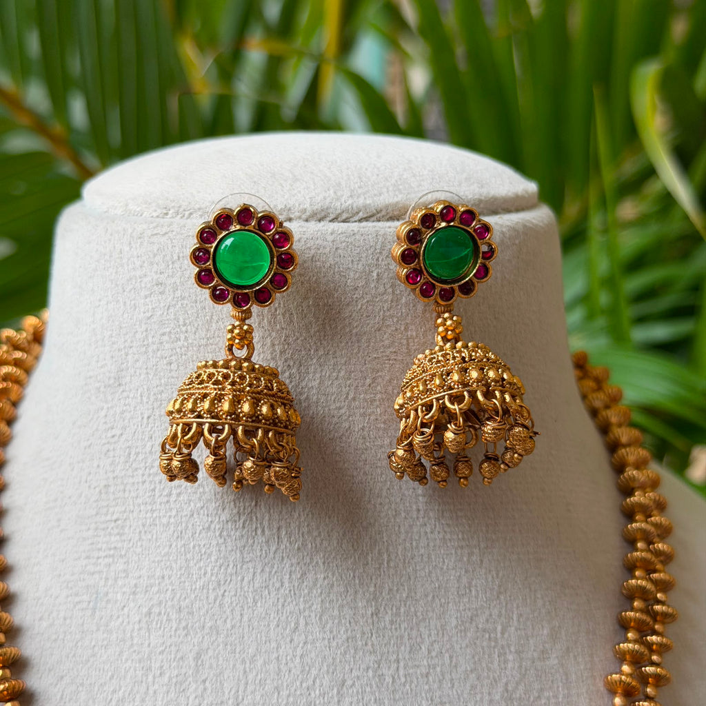 Traditional Double-Row Beaded Hara | Antique Nakshi Peacock Arch Pendant Set with Ruby Emerald Jhumkas AN297