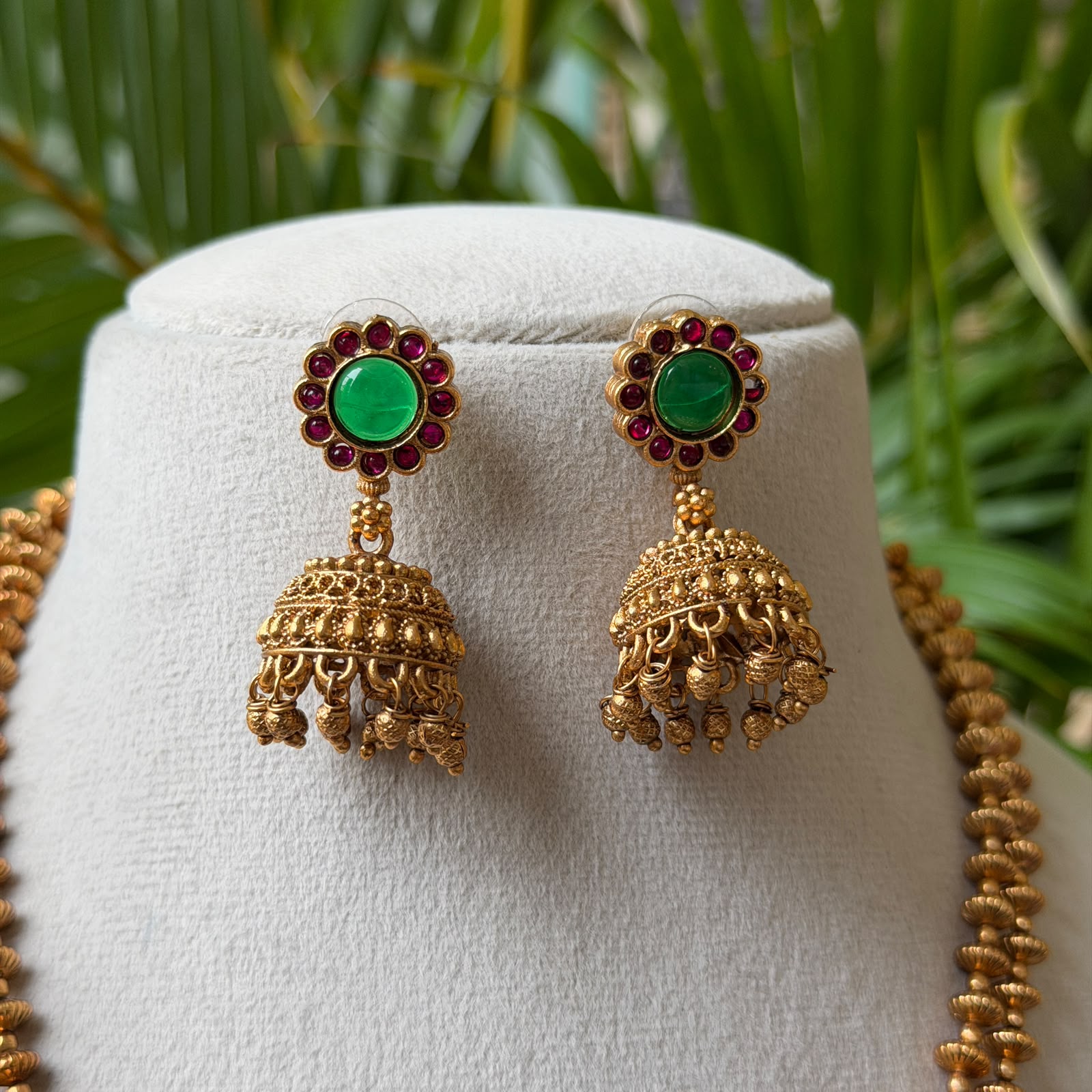 Traditional Double-Row Beaded Hara | Antique Nakshi Peacock Arch Pendant Set with Ruby Emerald Jhumkas AN297