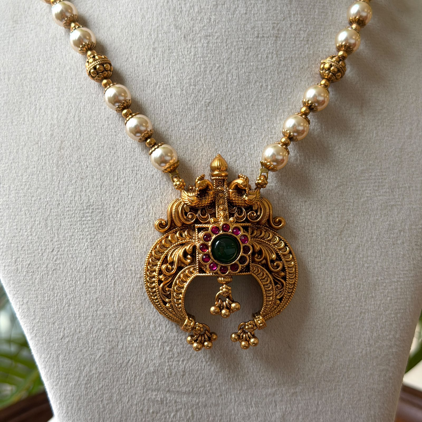 Antique Gold Finish Pearl & Bead Hara with Peacock Crescent Pendant – Traditional South Indian Temple Jewelry Set with Matching Jhumkas AN298