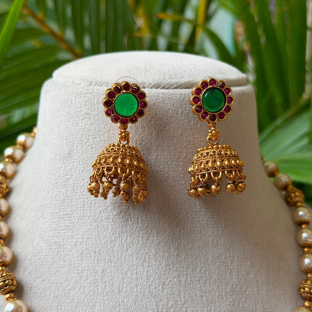 Antique Gold Finish Pearl & Bead Hara with Peacock Crescent Pendant – Traditional South Indian Temple Jewelry Set with Matching Jhumkas AN298