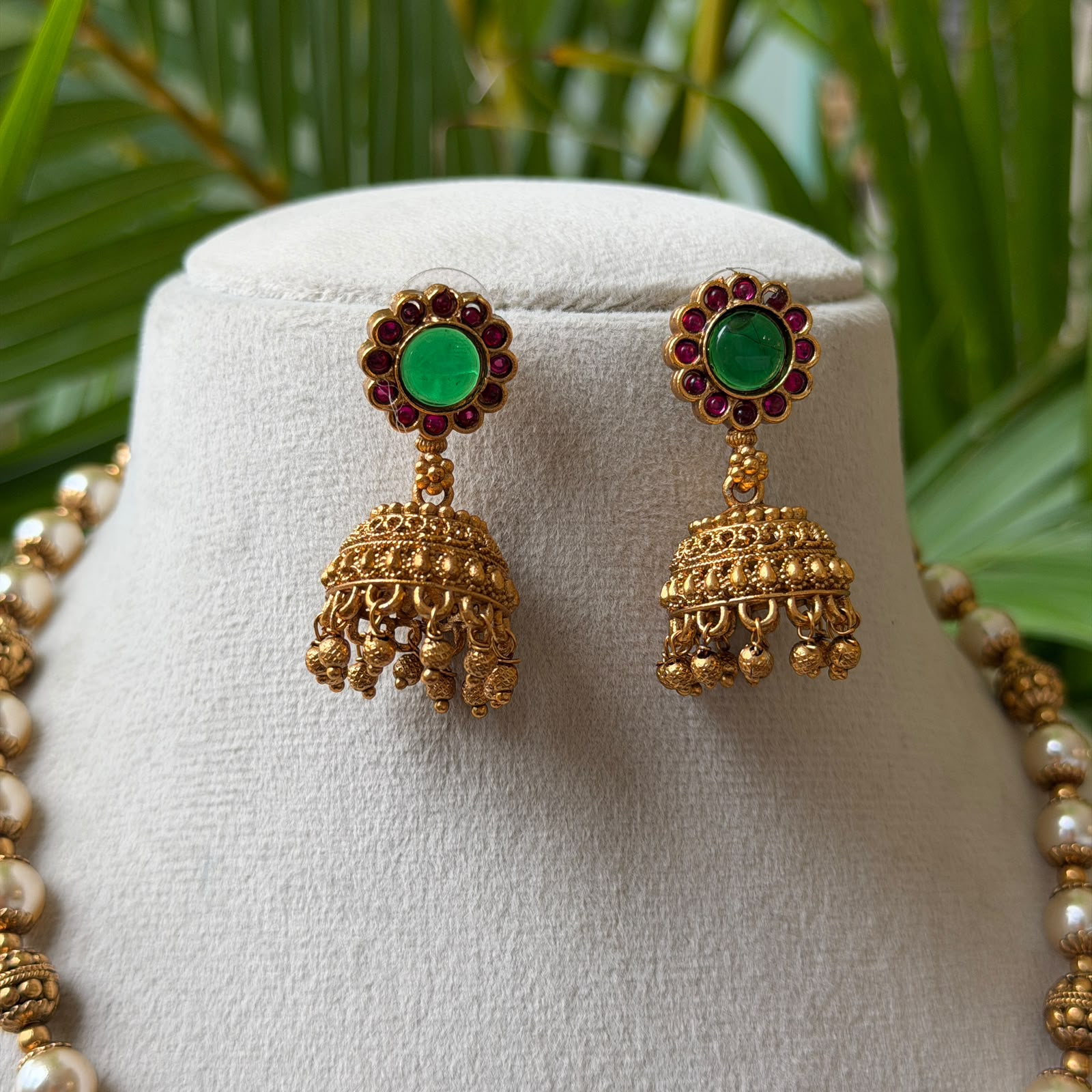 Antique Gold Finish Pearl & Bead Hara with Peacock Crescent Pendant – Traditional South Indian Temple Jewelry Set with Matching Jhumkas AN298