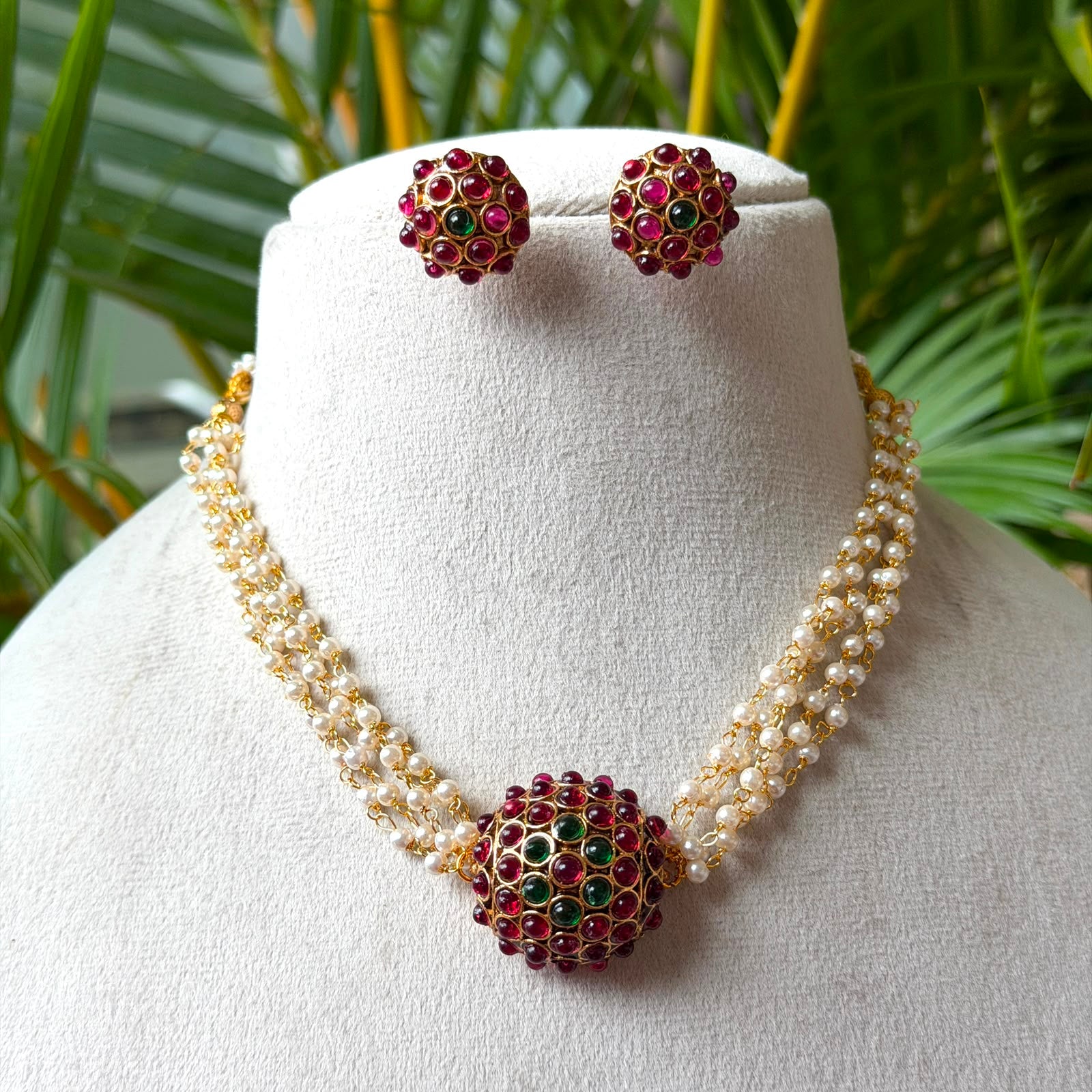 Traditional 3-Line Pearl Choker Set | Encrusted Spherical Ball Pendant with Matching Stud Earrings AN300