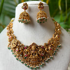 Royal Nakshi Goddess Lakshmi Bridal Necklace | Antique Peacock Temple Jewelry Set with Ruby Emerald Kemp & Jhumka Earrings AN301