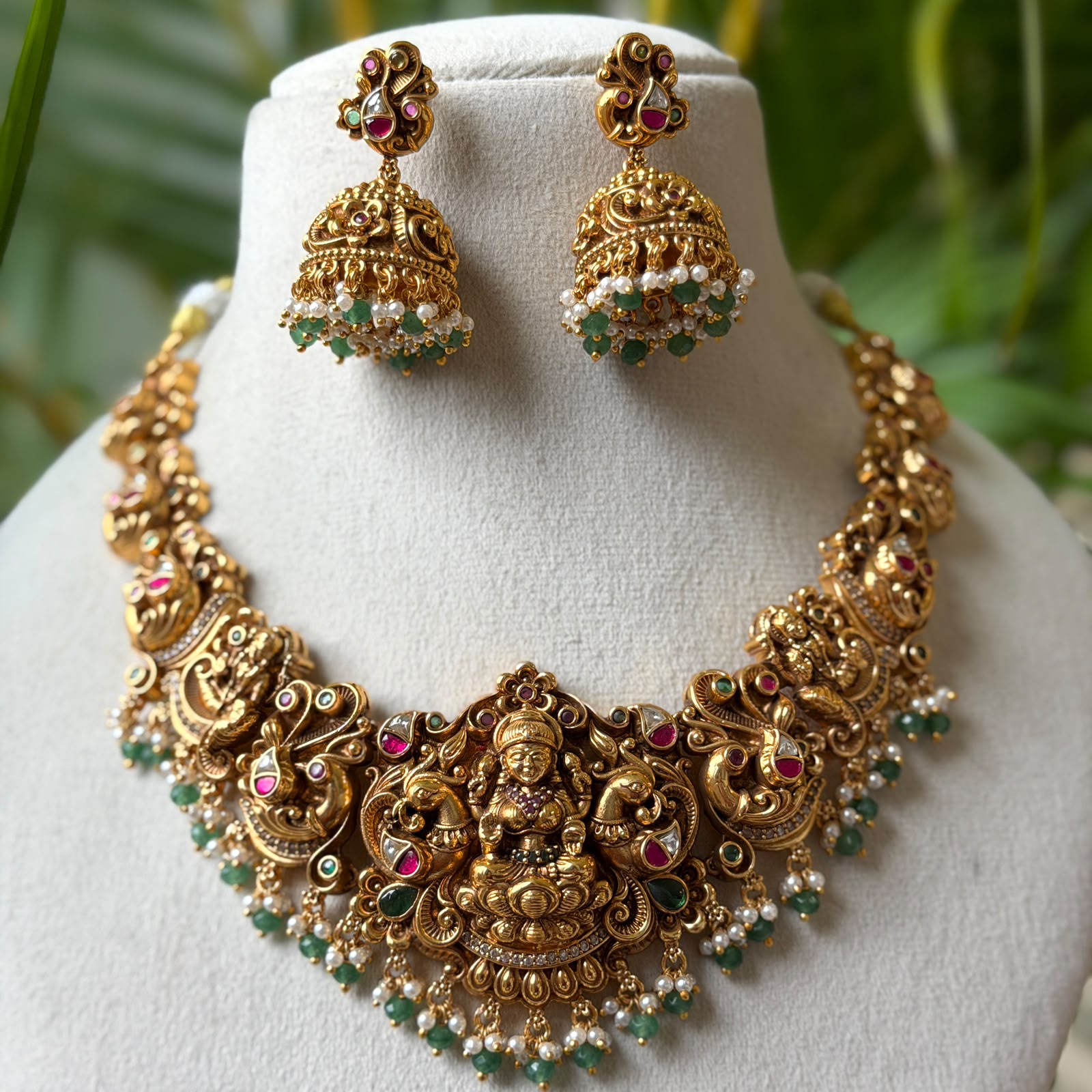 Royal Nakshi Goddess Lakshmi Bridal Necklace | Antique Peacock Temple Jewelry Set with Ruby Emerald Kemp & Jhumka Earrings AN301