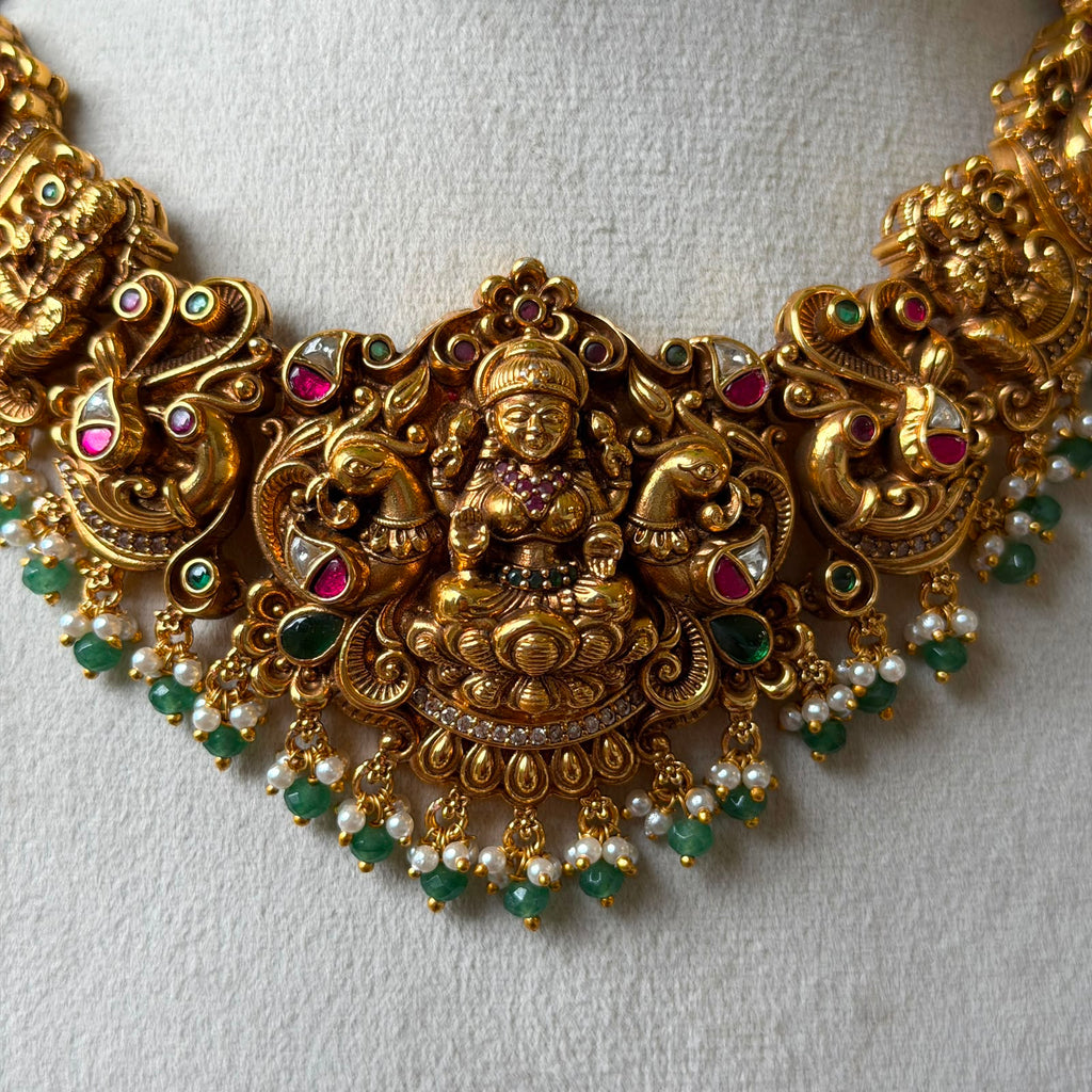 Royal Nakshi Goddess Lakshmi Bridal Necklace | Antique Peacock Temple Jewelry Set with Ruby Emerald Kemp & Jhumka Earrings AN301