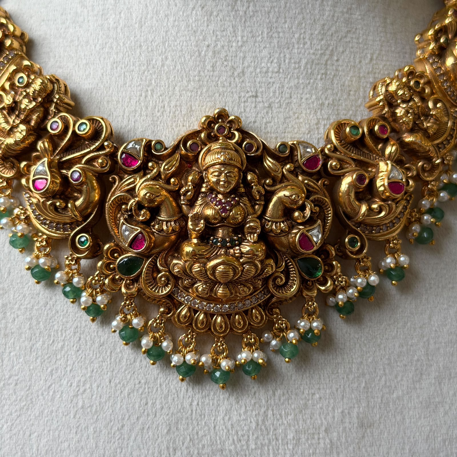 Royal Nakshi Goddess Lakshmi Bridal Necklace | Antique Peacock Temple Jewelry Set with Ruby Emerald Kemp & Jhumka Earrings AN301