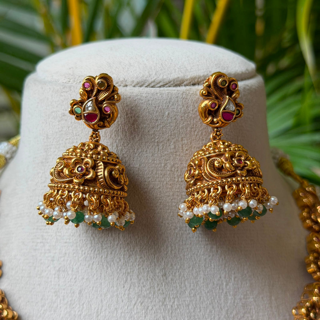 Royal Nakshi Goddess Lakshmi Bridal Necklace | Antique Peacock Temple Jewelry Set with Ruby Emerald Kemp & Jhumka Earrings AN301