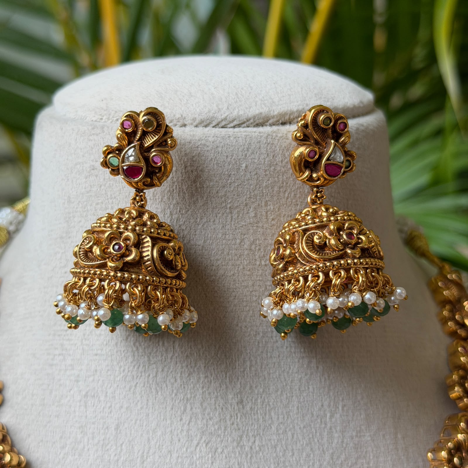 Royal Nakshi Goddess Lakshmi Bridal Necklace | Antique Peacock Temple Jewelry Set with Ruby Emerald Kemp & Jhumka Earrings AN301