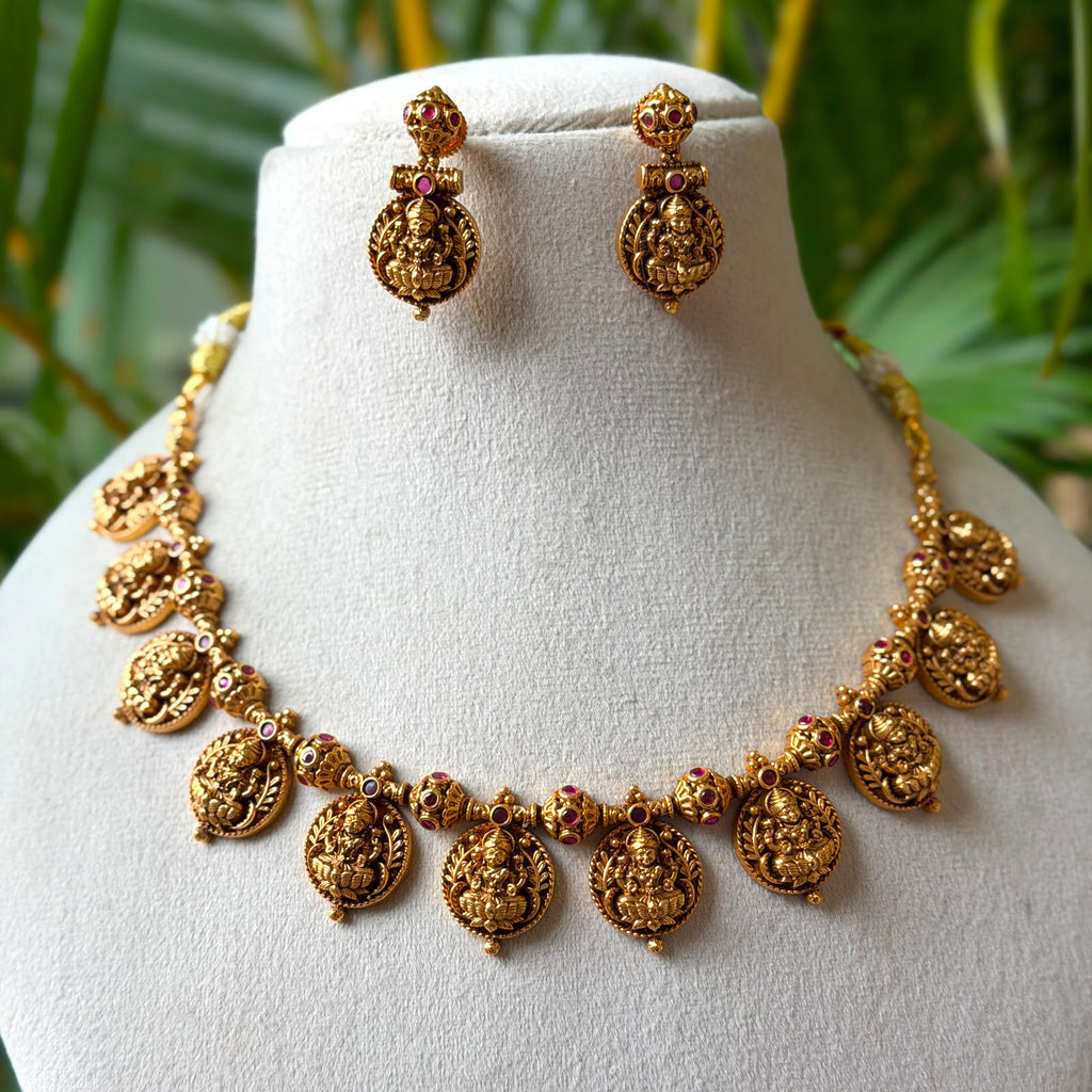 South Indian Traditional Lakshmi Kasu Attigai | Antique Hanging Coin Temple Necklace Set with Matching Drop Earrings AN302