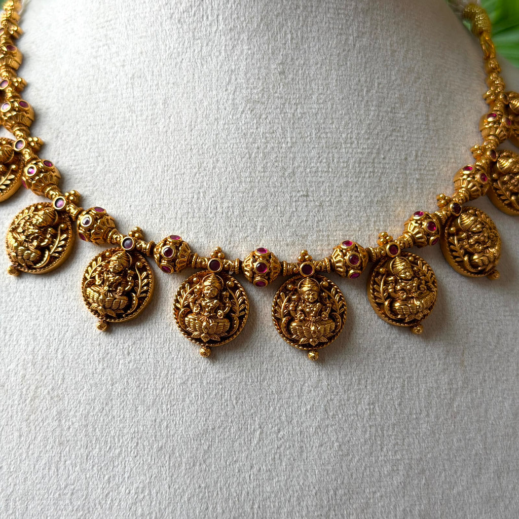 South Indian Traditional Lakshmi Kasu Attigai | Antique Hanging Coin Temple Necklace Set with Matching Drop Earrings AN302