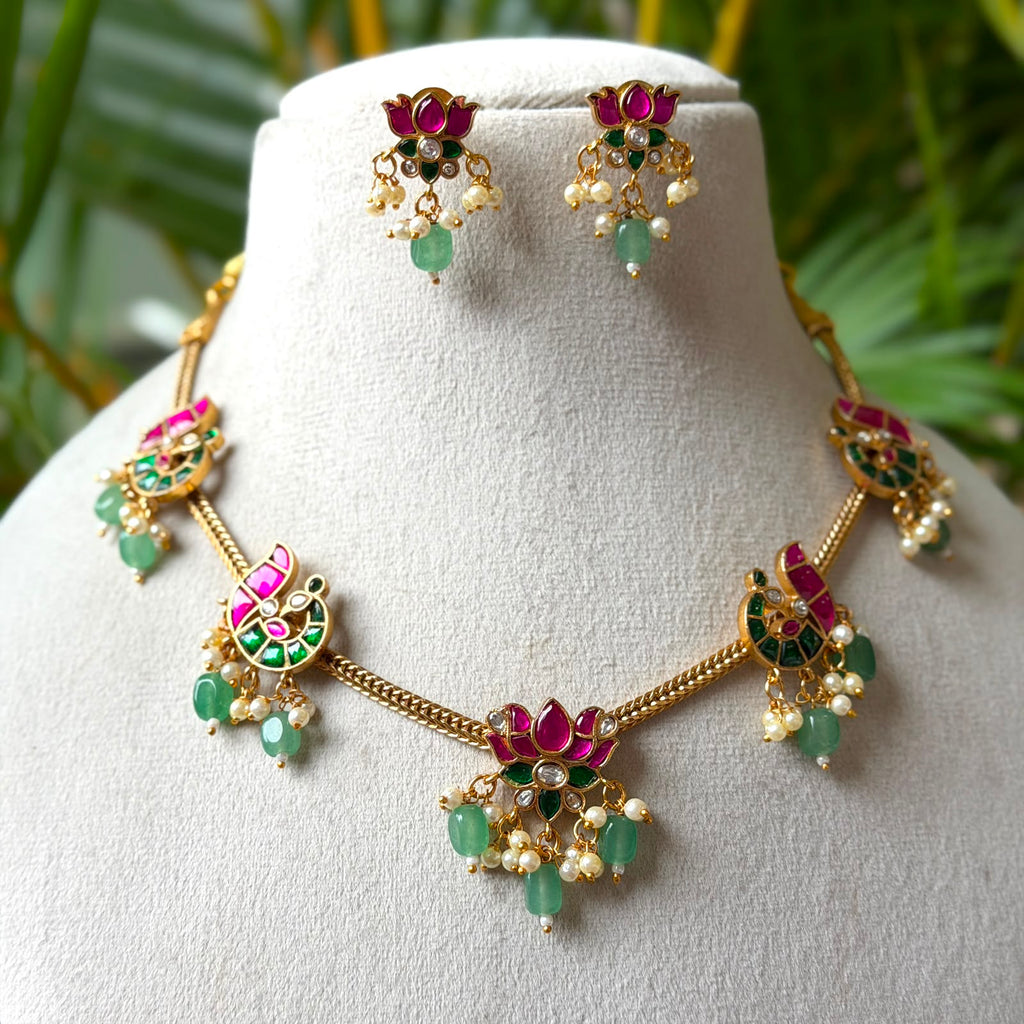 Lotus & Peacock Multi-Pendant Gold Chain Necklace Set – Pink Kemp & Mint Green Bead Drop Necklace with Lotus Studs AN204