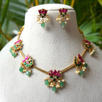 Lotus & Peacock Multi-Pendant Gold Chain Necklace Set – Pink Kemp & Mint Green Bead Drop Necklace with Lotus Studs AN204