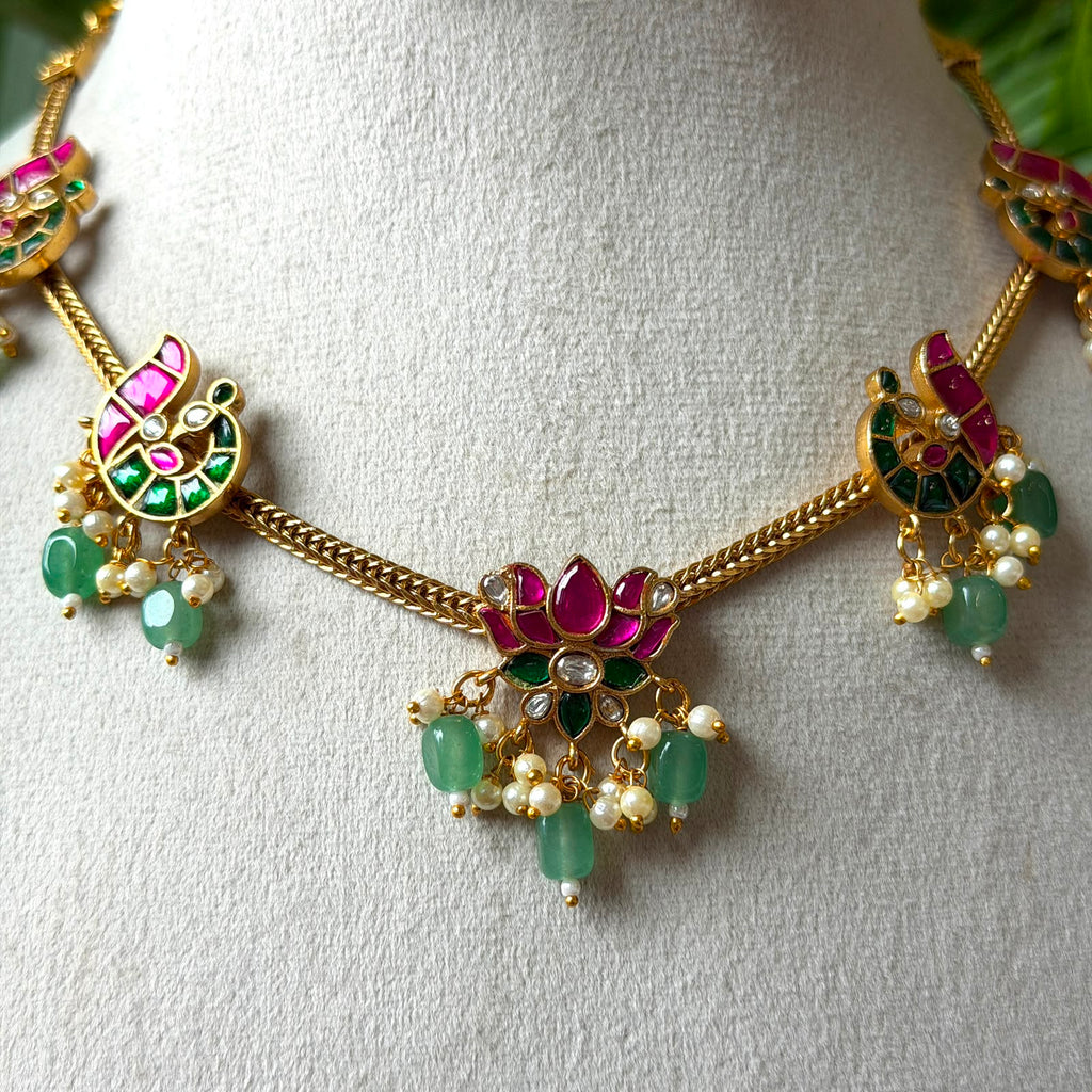Lotus & Peacock Multi-Pendant Gold Chain Necklace Set – Pink Kemp & Mint Green Bead Drop Necklace with Lotus Studs AN204