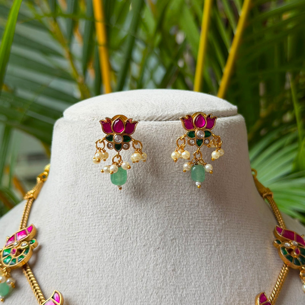 Lotus & Peacock Multi-Pendant Gold Chain Necklace Set – Pink Kemp & Mint Green Bead Drop Necklace with Lotus Studs AN204