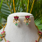 Lotus & Peacock Multi-Pendant Gold Chain Necklace Set – Pink Kemp & Mint Green Bead Drop Necklace with Lotus Studs AN204