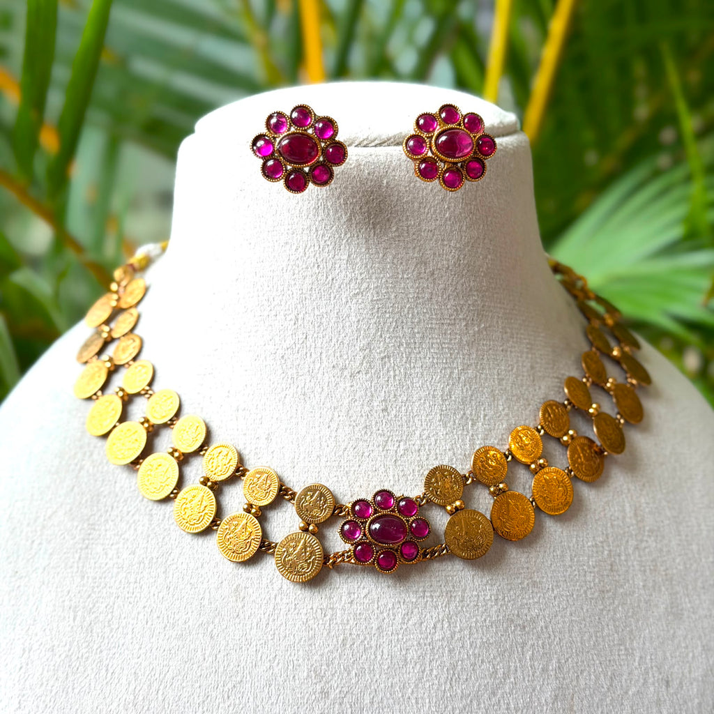 Double Strand Antique Gold Lakshmi Kasu Mala Necklace Set – Ruby Floral Rosette Pendant Choker with Matching Stud Earrings AN305