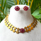 Double Strand Antique Gold Lakshmi Kasu Mala Necklace Set – Ruby Floral Rosette Pendant Choker with Matching Stud Earrings AN305
