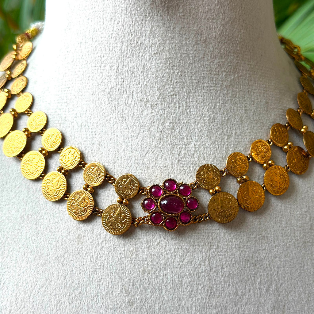 Double Strand Antique Gold Lakshmi Kasu Mala Necklace Set – Ruby Floral Rosette Pendant Choker with Matching Stud Earrings AN305