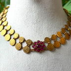 Double Strand Antique Gold Lakshmi Kasu Mala Necklace Set – Ruby Floral Rosette Pendant Choker with Matching Stud Earrings AN305