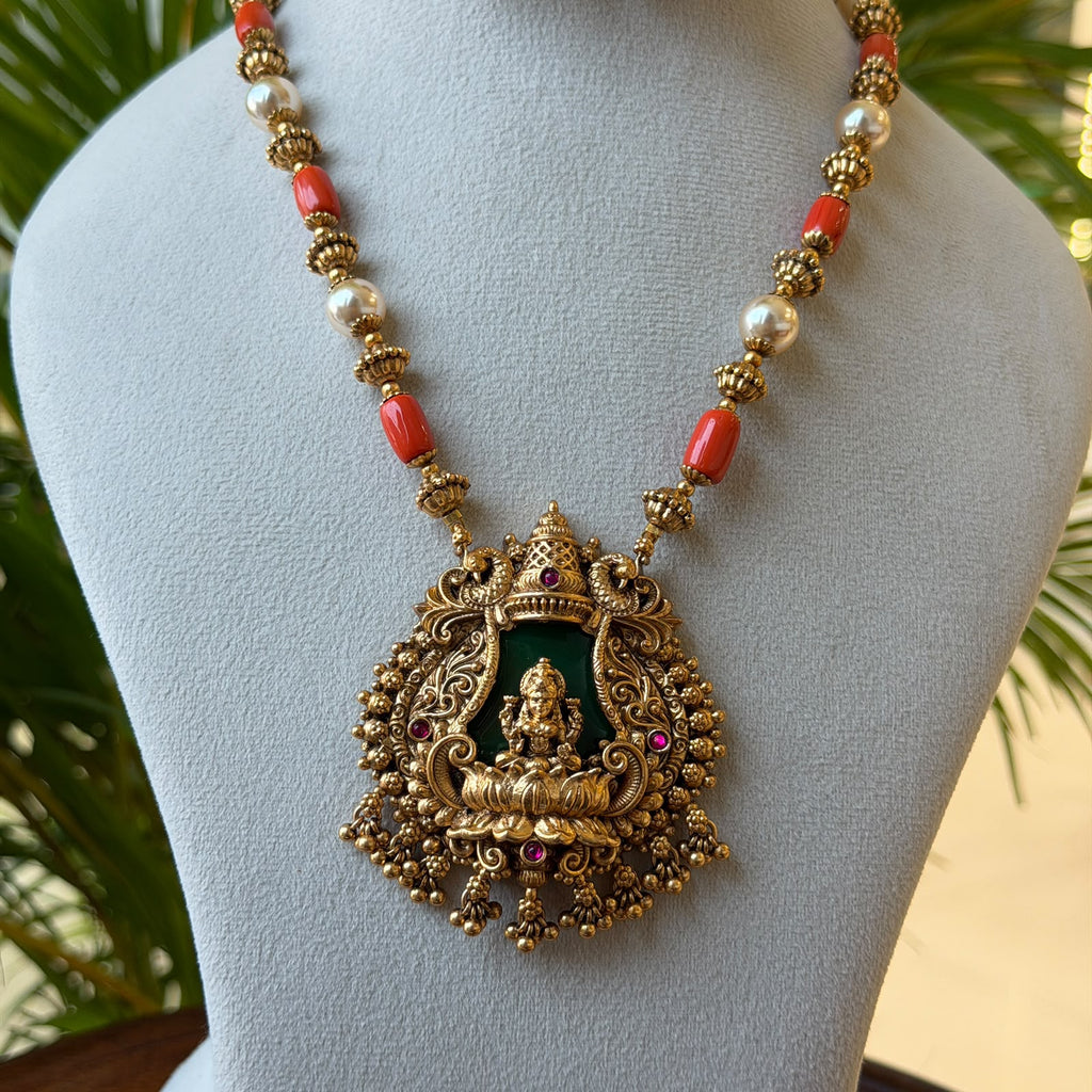 Antique Gold Lakshmi Temple Pendant Set – Coral & Pearl Bead Chain with Green Stone Goddess Pendant & Jhumka Earrings AN480