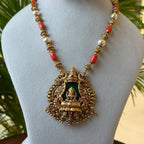 Antique Gold Lakshmi Temple Pendant Set – Coral & Pearl Bead Chain with Green Stone Goddess Pendant & Jhumka Earrings AN480