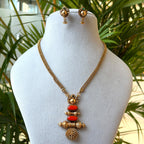 Antique Gold Coral Barrel Pendant Set – Red Coral Stone Drop with Gold Ball Pendant, Bead Chain & Stud Earrings AN481