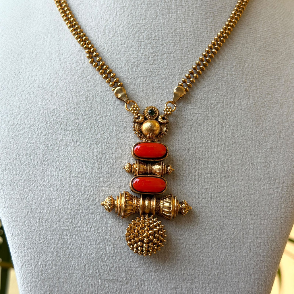Antique Gold Coral Barrel Pendant Set – Red Coral Stone Drop with Gold Ball Pendant, Bead Chain & Stud Earrings AN481