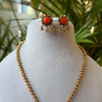 Antique Gold Coral Oval Pendant Set – Red & Green Enamel Floral Pendant on Gold Bead Chain with Coral Stud Earrings AN482