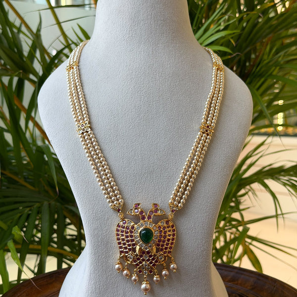 Two-Line Pearl Mala Pendant Set – Ruby Kemp Peacock Pendant with Emerald Centre & Pearl Drops AN483