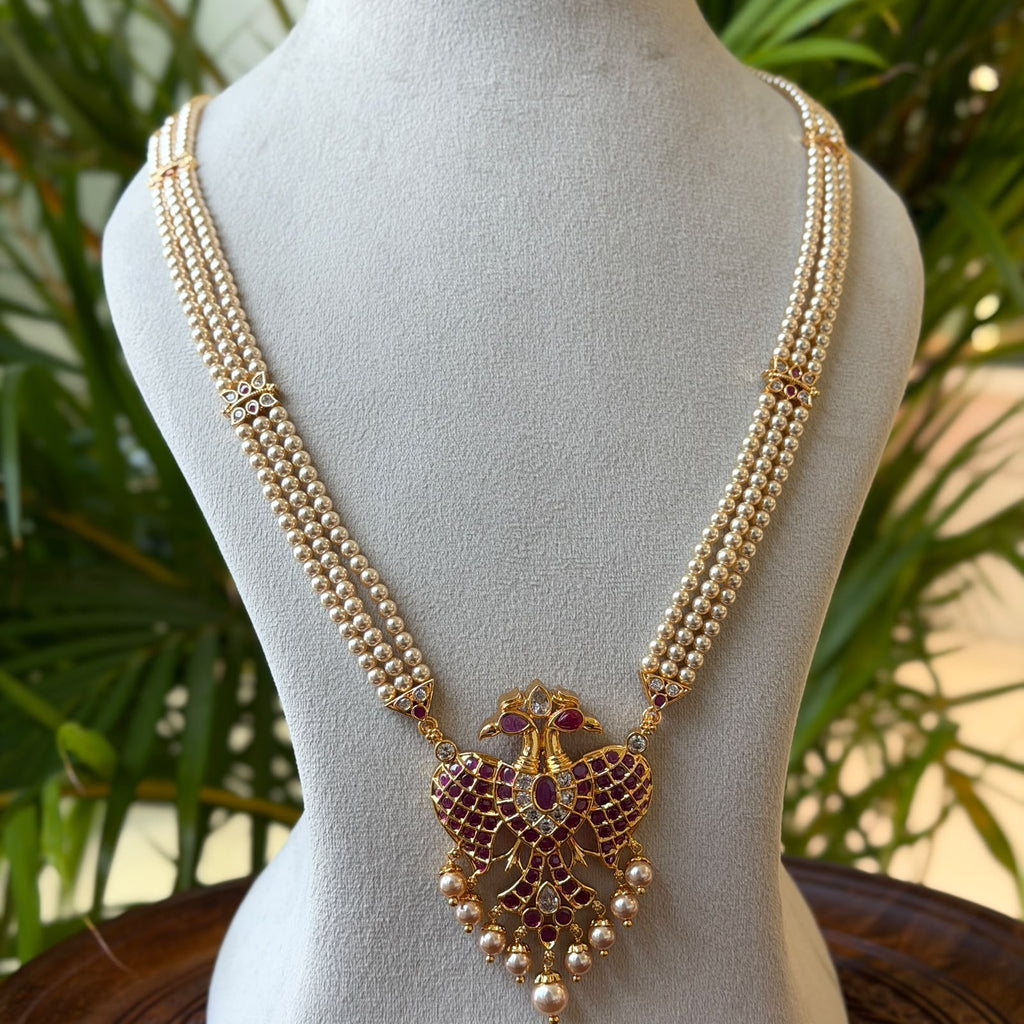 Three-Line Pearl Mala Pendant Set – Ruby Kemp Twin Peacock Pendant with Pearl Drops AN484