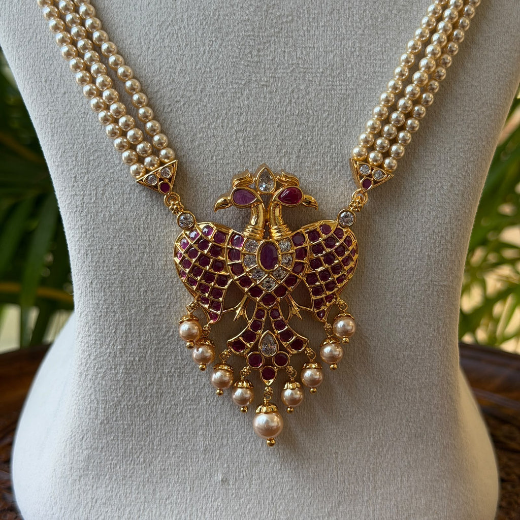 Three-Line Pearl Mala Pendant Set – Ruby Kemp Twin Peacock Pendant with Pearl Drops AN484