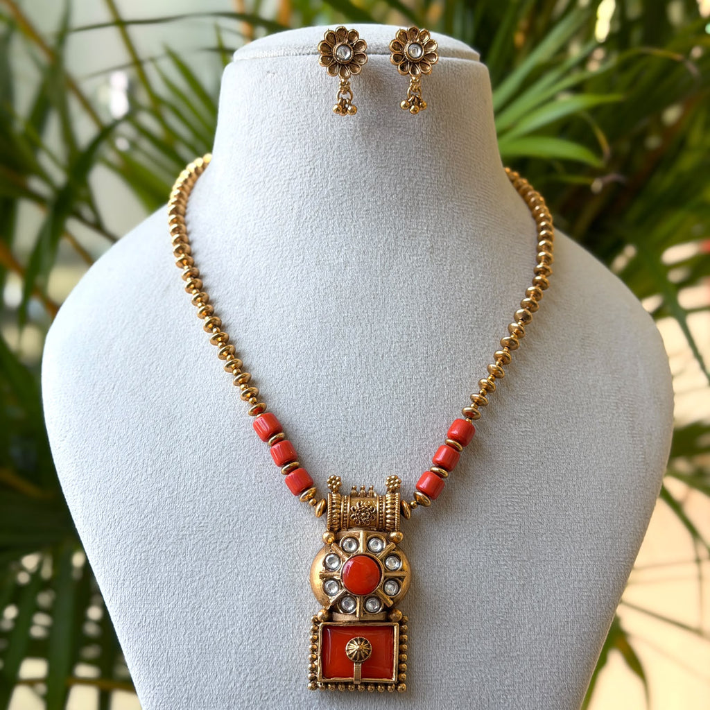 Coral Bead Gold Chain Pendant Set – Square Red Coral Kundan Pendant with Stud Earrings AN485