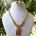 Coral Bead Gold Chain Pendant Set – Square Red Coral Kundan Pendant with Stud Earrings AN485