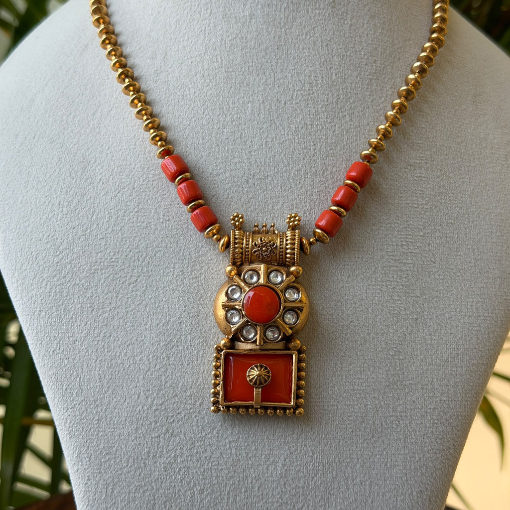 Coral Bead Gold Chain Pendant Set – Square Red Coral Kundan Pendant with Stud Earrings AN485