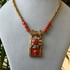 Coral Bead Gold Chain Pendant Set – Square Red Coral Kundan Pendant with Stud Earrings AN485
