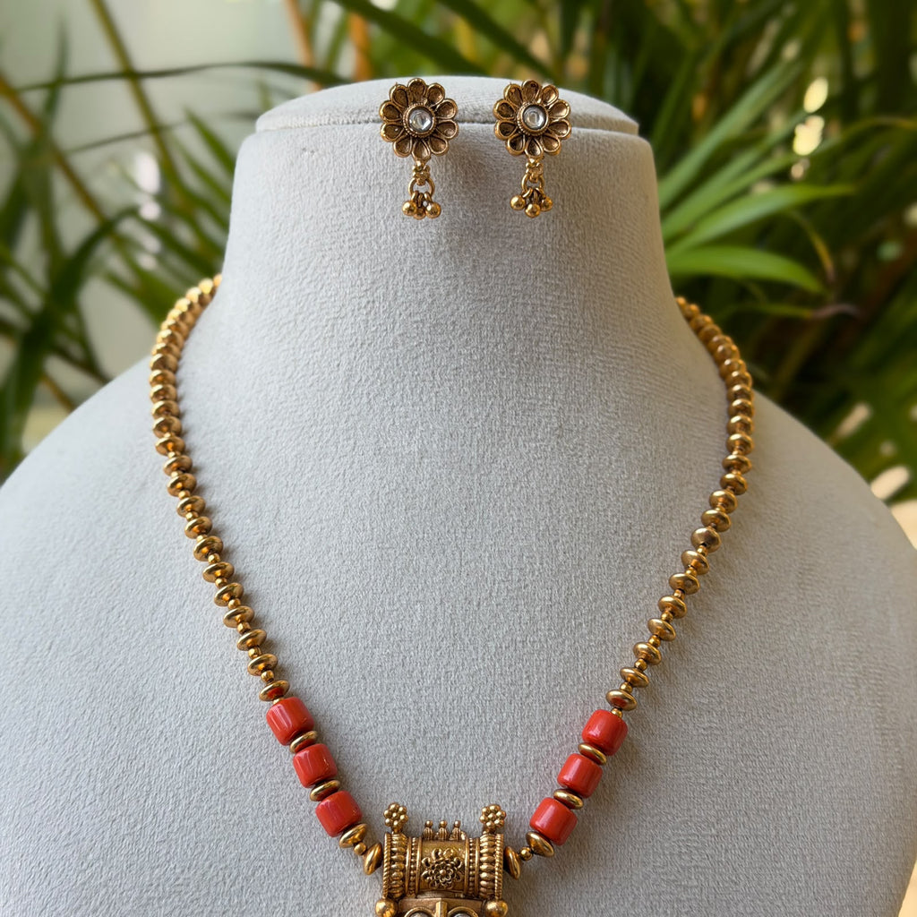 Coral Bead Gold Chain Pendant Set – Square Red Coral Kundan Pendant with Stud Earrings AN485
