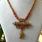 Coral Bead Gold Chain Pendant Set – Antique Gold Barrel Pendant with Mini Jhumka Drop & Coral Stud Earrings AN486