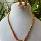Coral Bead Gold Chain Pendant Set – Antique Gold Barrel Pendant with Mini Jhumka Drop & Coral Stud Earrings AN486