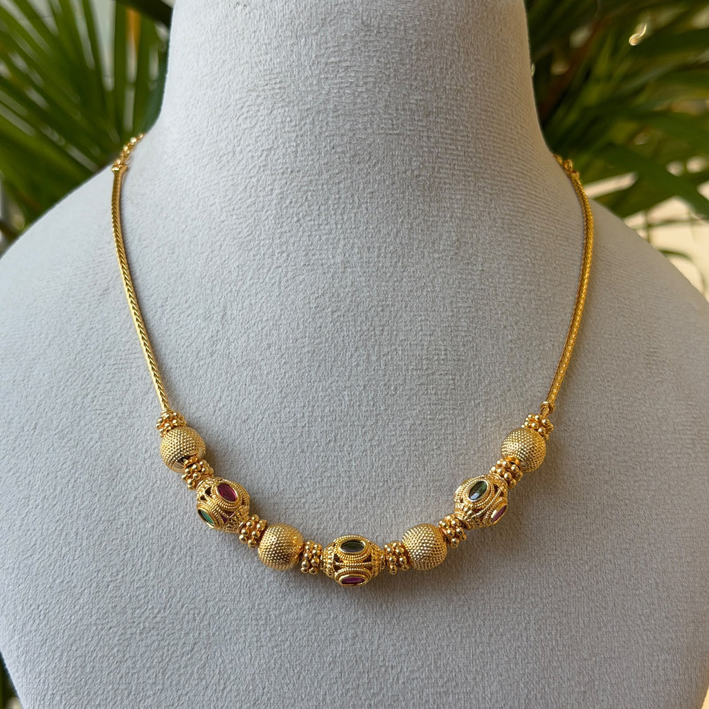 Antique Gold Snake Chain Necklace – Textured Gold Ball & Meenakari Bead Short Necklace AN487