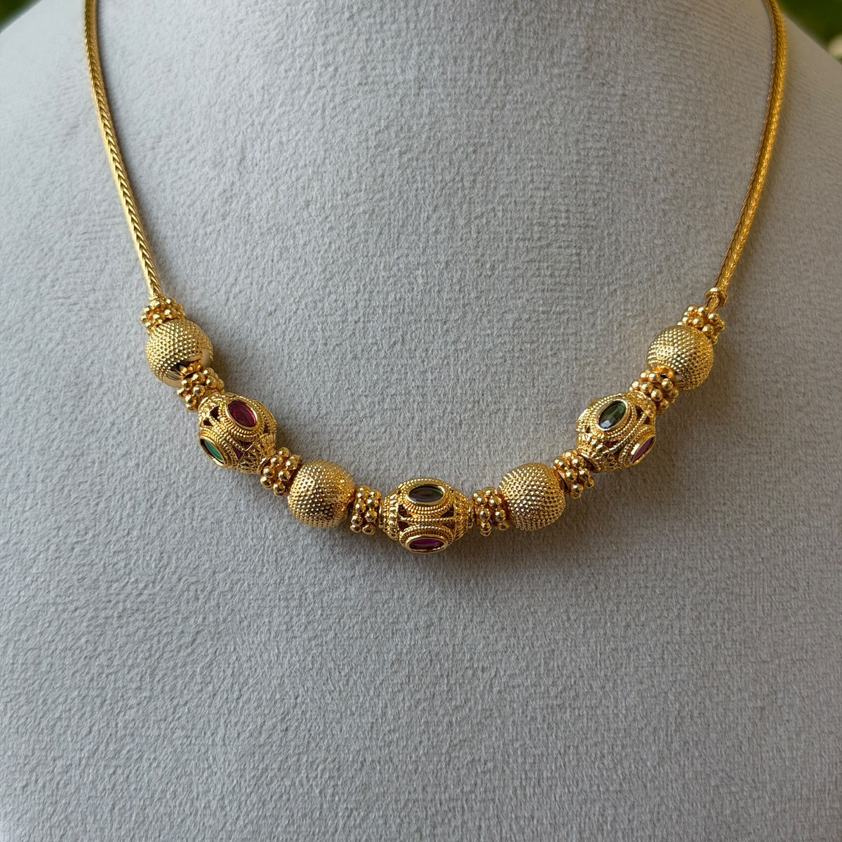 Antique Gold Snake Chain Necklace – Textured Gold Ball & Meenakari Bead Short Necklace AN487