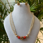 Two-Line Seed Pearl Necklace Set – Coral & Kundan Floral Centre Mala with Flower Stud Earrings AN489