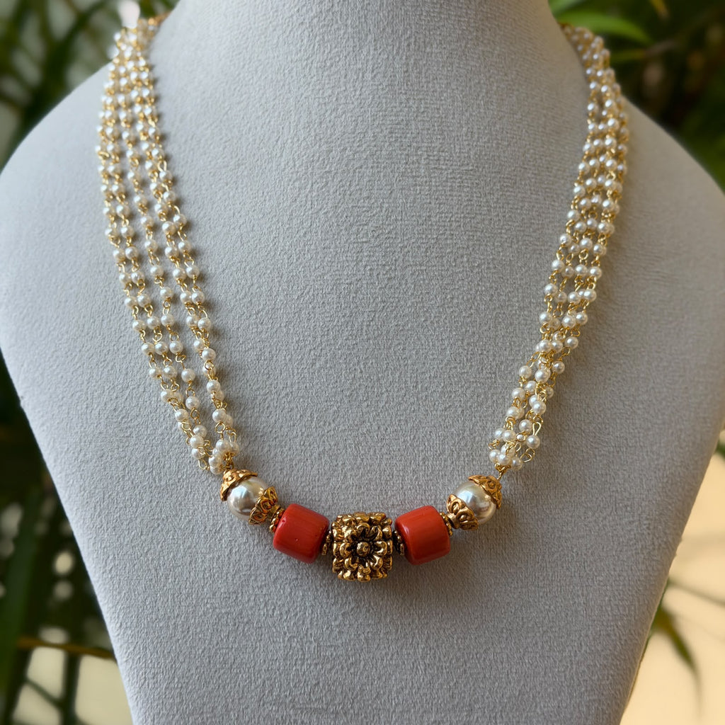 Two-Line Seed Pearl Necklace Set – Coral & Kundan Floral Centre Mala with Flower Stud Earrings AN489