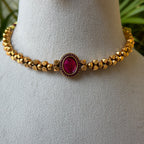 Antique Gold Bead Choker Necklace Set – Ruby Pink Oval Stone Centre with Floral Stud Earrings AN490