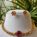 Antique Gold Bead Choker Necklace Set – Ruby Pink Oval Stone Centre with Floral Stud Earrings AN490