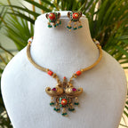 Antique Gold Twin Peacock Pendant Necklace Set, Coral Bead Chain with Emerald Drops & Earrings AN492