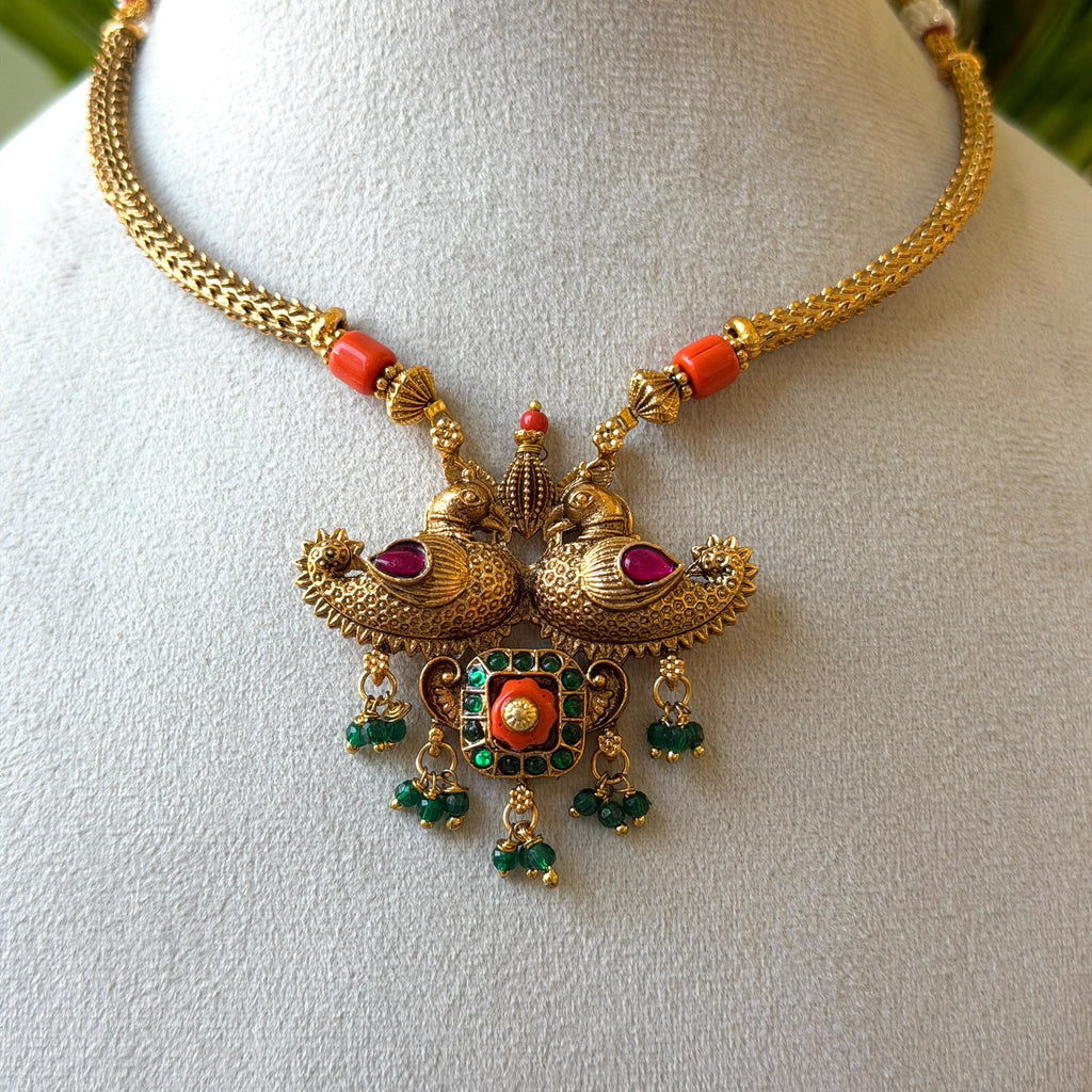 Antique Gold Twin Peacock Pendant Necklace Set, Coral Bead Chain with Emerald Drops & Earrings AN492 (view 2)