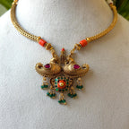 Antique Gold Twin Peacock Pendant Necklace Set, Coral Bead Chain with Emerald Drops & Earrings AN492 (view 2)