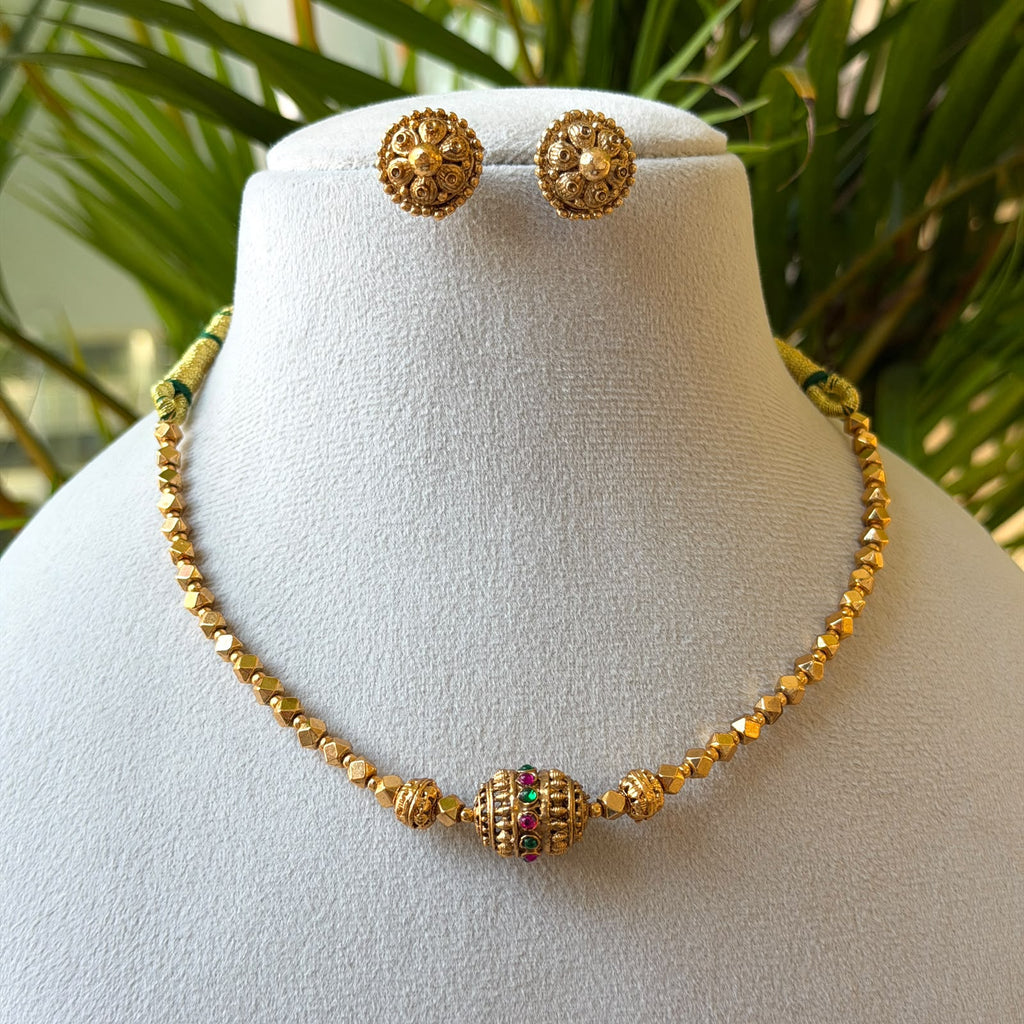 Antique Gold Ball Bead Necklace Set, Textured Gold Beads with Stone-Set Centre Bead & Round Stud Earrings AN493