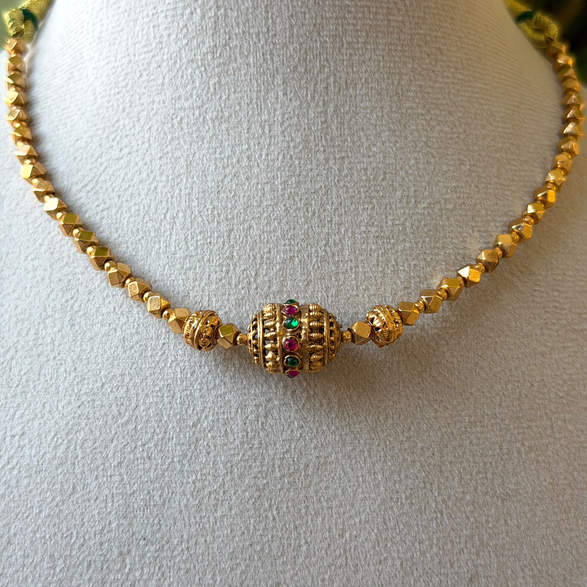 Antique Gold Ball Bead Necklace Set, Textured Gold Beads with Stone-Set Centre Bead & Round Stud Earrings AN493 (view 2)